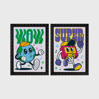 Set of 2 framed prints, retro groovy cartoon mascot illustrations: a globe mascot character with "Wow" text; and a boombox mascot character with "Super" text — unframed
