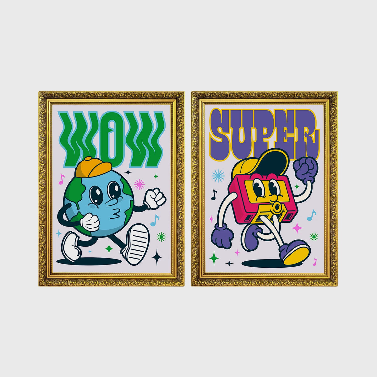 Set of 2 framed prints, retro groovy cartoon mascot illustrations: a globe mascot character with "Wow" text; and a boombox mascot character with "Super" text — unframed
