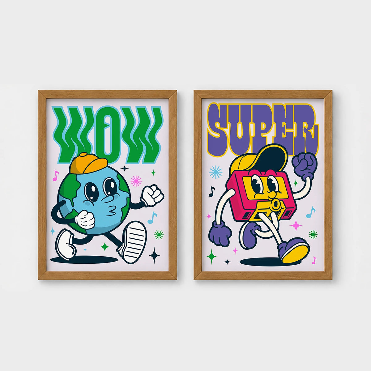 Set of 2 framed prints, retro groovy cartoon mascot illustrations: a globe mascot character with "Wow" text; and a boombox mascot character with "Super" text — unframed