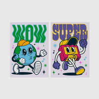 Set of 2 framed prints, retro groovy cartoon mascot illustrations: a globe mascot character with "Wow" text; and a boombox mascot character with "Super" text — unframed