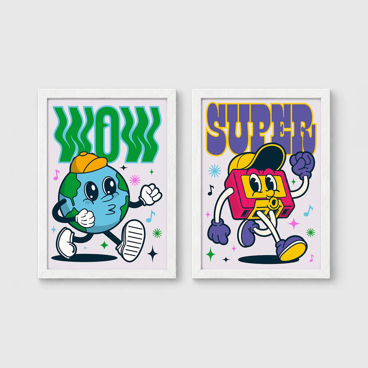 Set of 2 framed prints, retro groovy cartoon mascot illustrations: a globe mascot character with "Wow" text; and a boombox mascot character with "Super" text — unframed