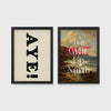 Set of 2 framed prints, Newcastle & Geordie dialect prints: the word "Aye!" in bold black typography; and "It's Mint Up North" over a coastal seascape — unframed
