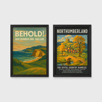 Set of 2 framed prints, vintage Northumberland travel posters: a "Behold! Northumberland, England" coastal landscape poster; and a "Northumberland - For Joyful Country Rambles" village poster — unframed