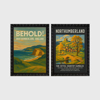 Set of 2 framed prints, vintage Northumberland travel posters: a "Behold! Northumberland, England" coastal landscape poster; and a "Northumberland - For Joyful Country Rambles" village poster — unframed