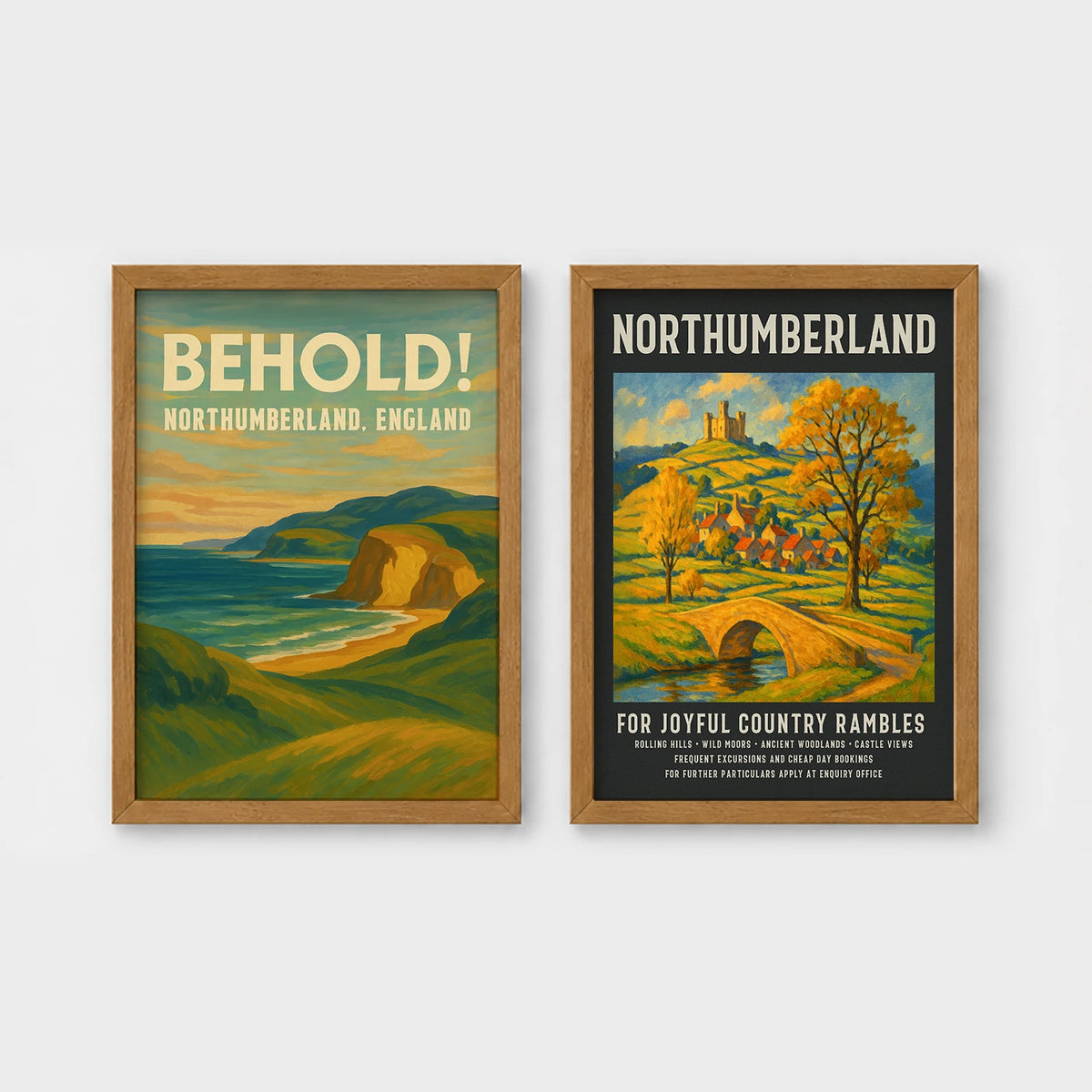 Set of 2 framed prints, vintage Northumberland travel posters: a "Behold! Northumberland, England" coastal landscape poster; and a "Northumberland - For Joyful Country Rambles" village poster — unframed