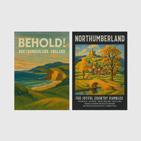 Set of 2 framed prints, vintage Northumberland travel posters: a "Behold! Northumberland, England" coastal landscape poster; and a "Northumberland - For Joyful Country Rambles" village poster — unframed