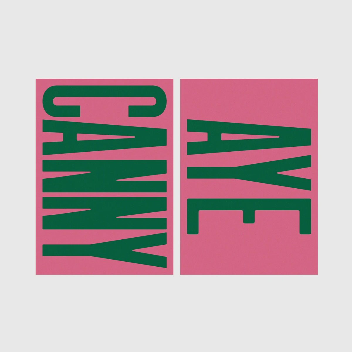 Set of 2 framed prints, Newcastle & Geordie dialect prints: the word "Canny" in bold green retro type on pink; and the word "Aye" in bold green retro type on pink — unframed
