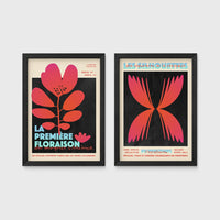 Set of 2 framed prints, modern graphic floral posters: "La Première Floraison" graphic flower illustration poster; and "Les Silhouettes" graphic butterfly gradient poster — unframed