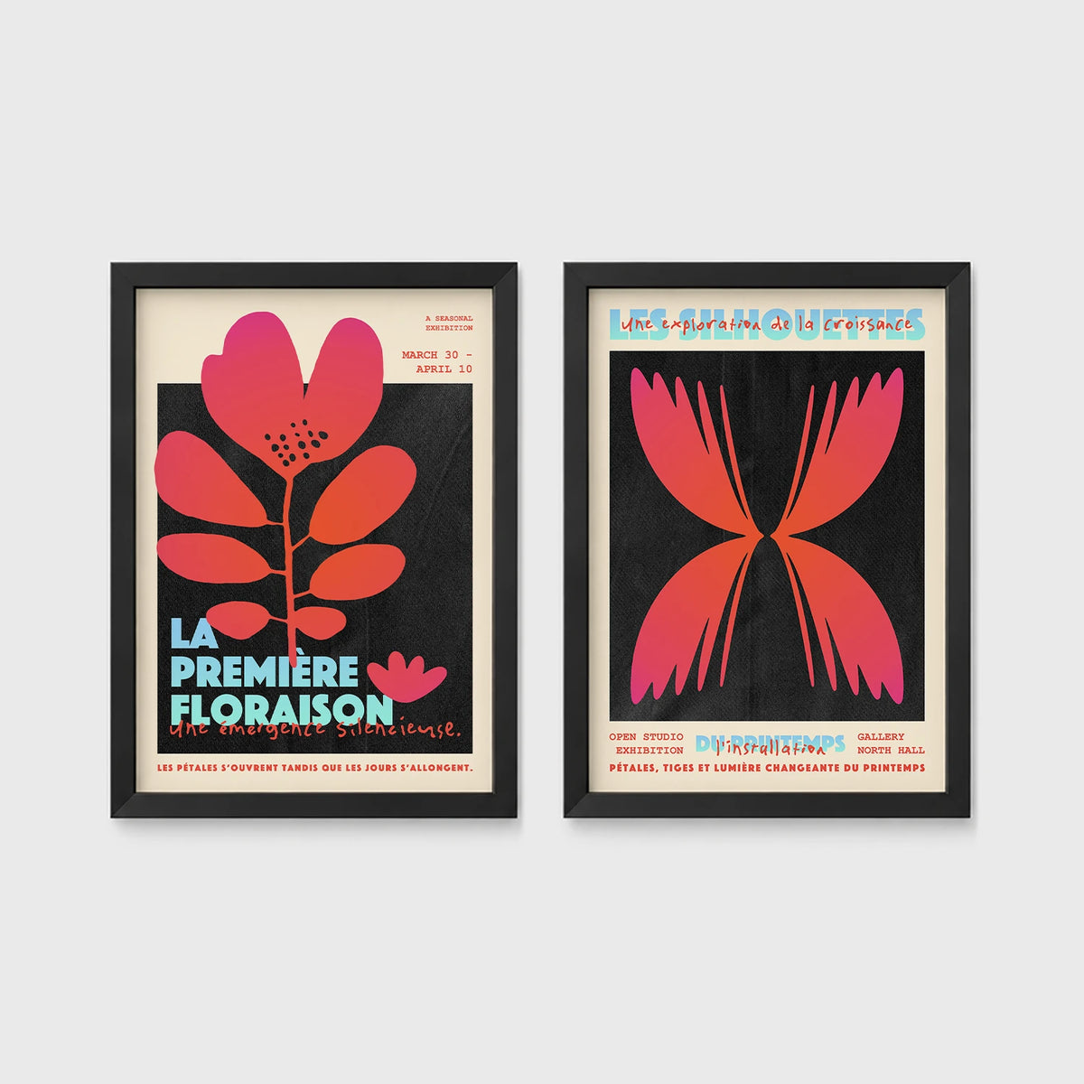 Set of 2 framed prints, modern graphic floral posters: "La Première Floraison" graphic flower illustration poster; and "Les Silhouettes" graphic butterfly gradient poster — unframed
