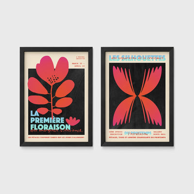 Set of 2 framed prints, modern graphic floral posters: "La Première Floraison" graphic flower illustration poster; and "Les Silhouettes" graphic butterfly gradient poster — unframed