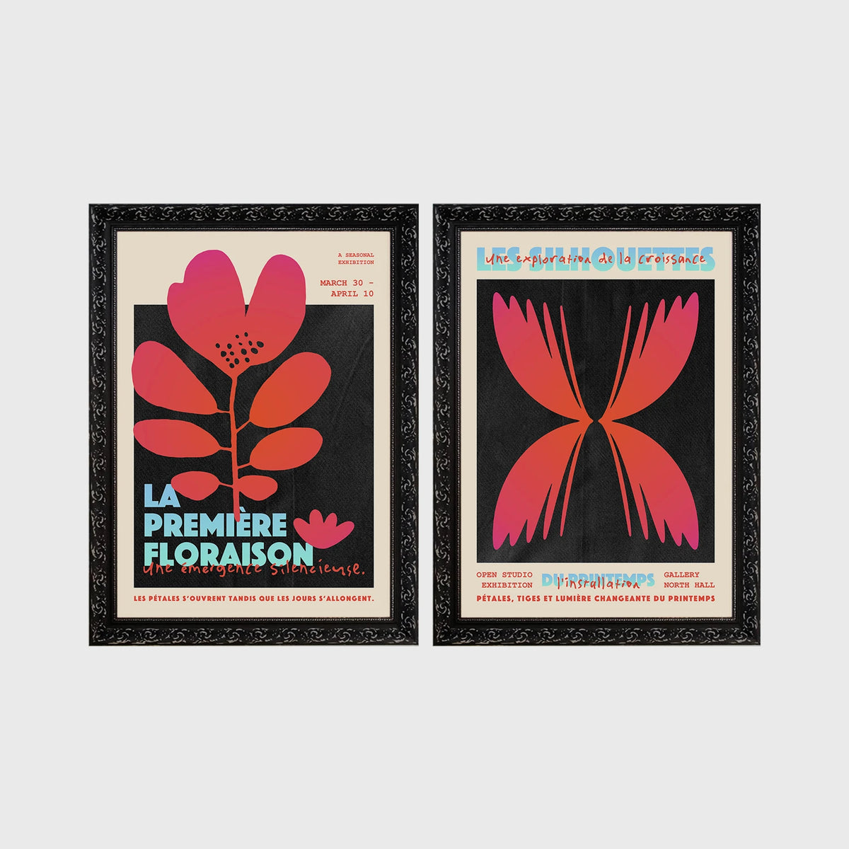 Set of 2 framed prints, modern graphic floral posters: "La Première Floraison" graphic flower illustration poster; and "Les Silhouettes" graphic butterfly gradient poster — unframed