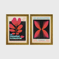 Set of 2 framed prints, modern graphic floral posters: "La Première Floraison" graphic flower illustration poster; and "Les Silhouettes" graphic butterfly gradient poster — unframed
