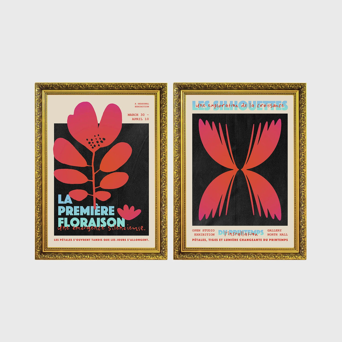 Set of 2 framed prints, modern graphic floral posters: "La Première Floraison" graphic flower illustration poster; and "Les Silhouettes" graphic butterfly gradient poster — unframed