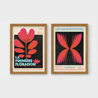 Set of 2 framed prints, modern graphic floral posters: "La Première Floraison" graphic flower illustration poster; and "Les Silhouettes" graphic butterfly gradient poster — unframed