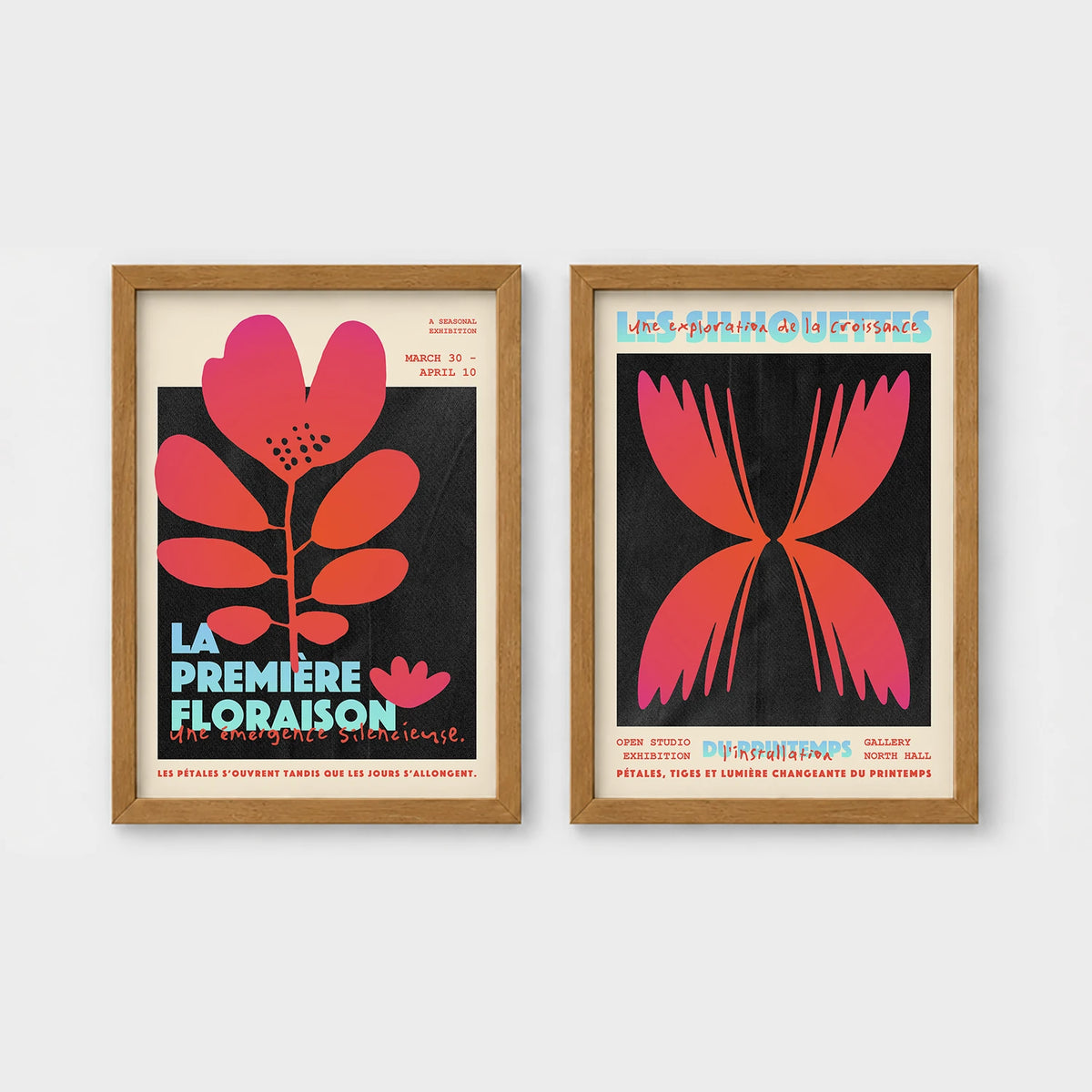 Set of 2 framed prints, modern graphic floral posters: "La Première Floraison" graphic flower illustration poster; and "Les Silhouettes" graphic butterfly gradient poster — unframed