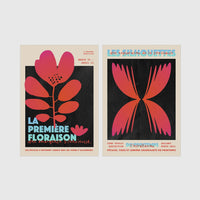 Set of 2 framed prints, modern graphic floral posters: "La Première Floraison" graphic flower illustration poster; and "Les Silhouettes" graphic butterfly gradient poster — unframed