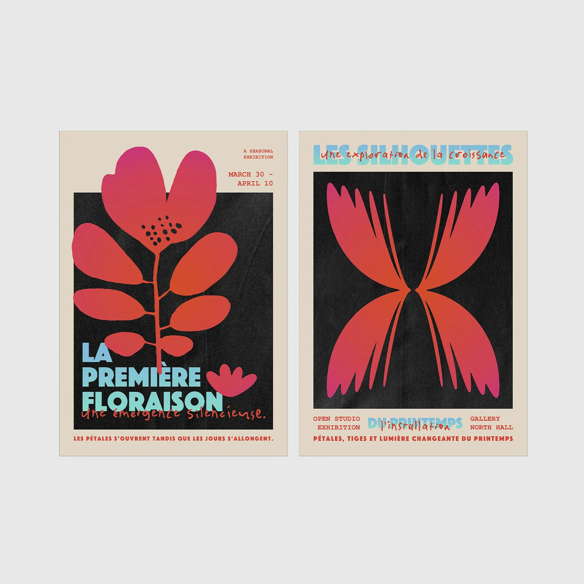 Set of 2 framed prints, modern graphic floral posters: "La Première Floraison" graphic flower illustration poster; and "Les Silhouettes" graphic butterfly gradient poster — unframed