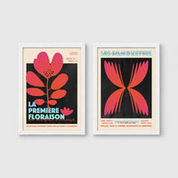 Set of 2 framed prints, modern graphic floral posters: "La Première Floraison" graphic flower illustration poster; and "Les Silhouettes" graphic butterfly gradient poster — unframed