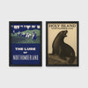 Set of 2 framed prints, vintage Northumberland travel posters: a "The Lure of Northumberland" poster of riders at night; and a "Holy Island Northumberland" poster featuring a seal — unframed