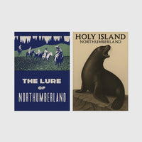 Set of 2 framed prints, vintage Northumberland travel posters: a "The Lure of Northumberland" poster of riders at night; and a "Holy Island Northumberland" poster featuring a seal — unframed