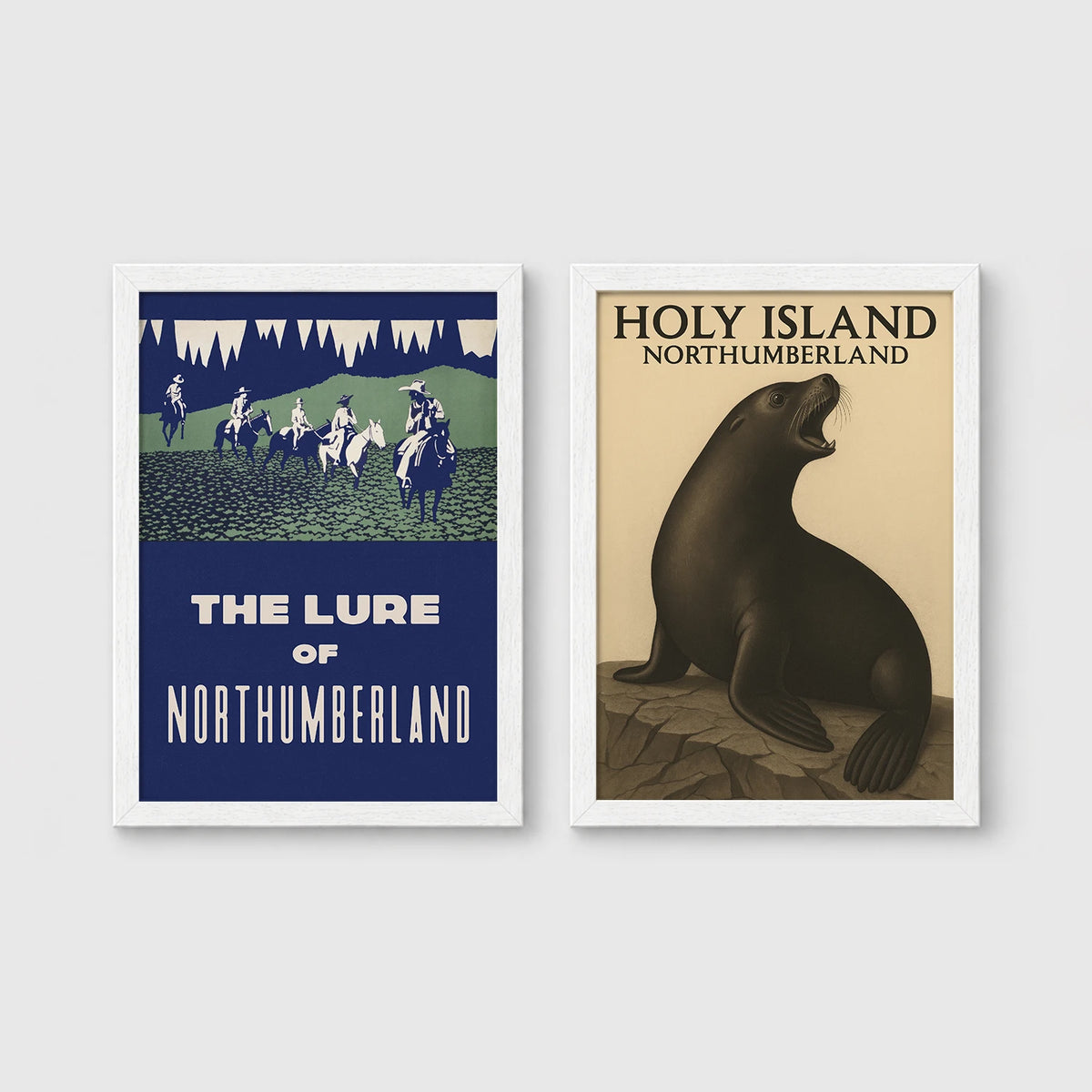 Set of 2 framed prints, vintage Northumberland travel posters: a "The Lure of Northumberland" poster of riders at night; and a "Holy Island Northumberland" poster featuring a seal — unframed