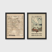 Set of 2 framed prints, vintage map and ferry poster: a vintage map of North East England; and a "To Norway - Newcastle Oslo, Fred. Olsen Line" vintage ferry poster — unframed