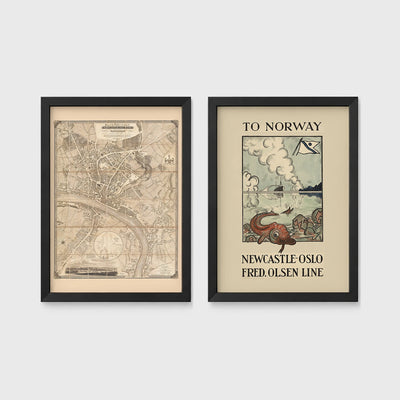 Set of 2 framed prints, vintage map and ferry poster: a vintage map of North East England; and a "To Norway - Newcastle Oslo, Fred. Olsen Line" vintage ferry poster — unframed