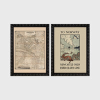 Set of 2 framed prints, vintage map and ferry poster: a vintage map of North East England; and a "To Norway - Newcastle Oslo, Fred. Olsen Line" vintage ferry poster — unframed