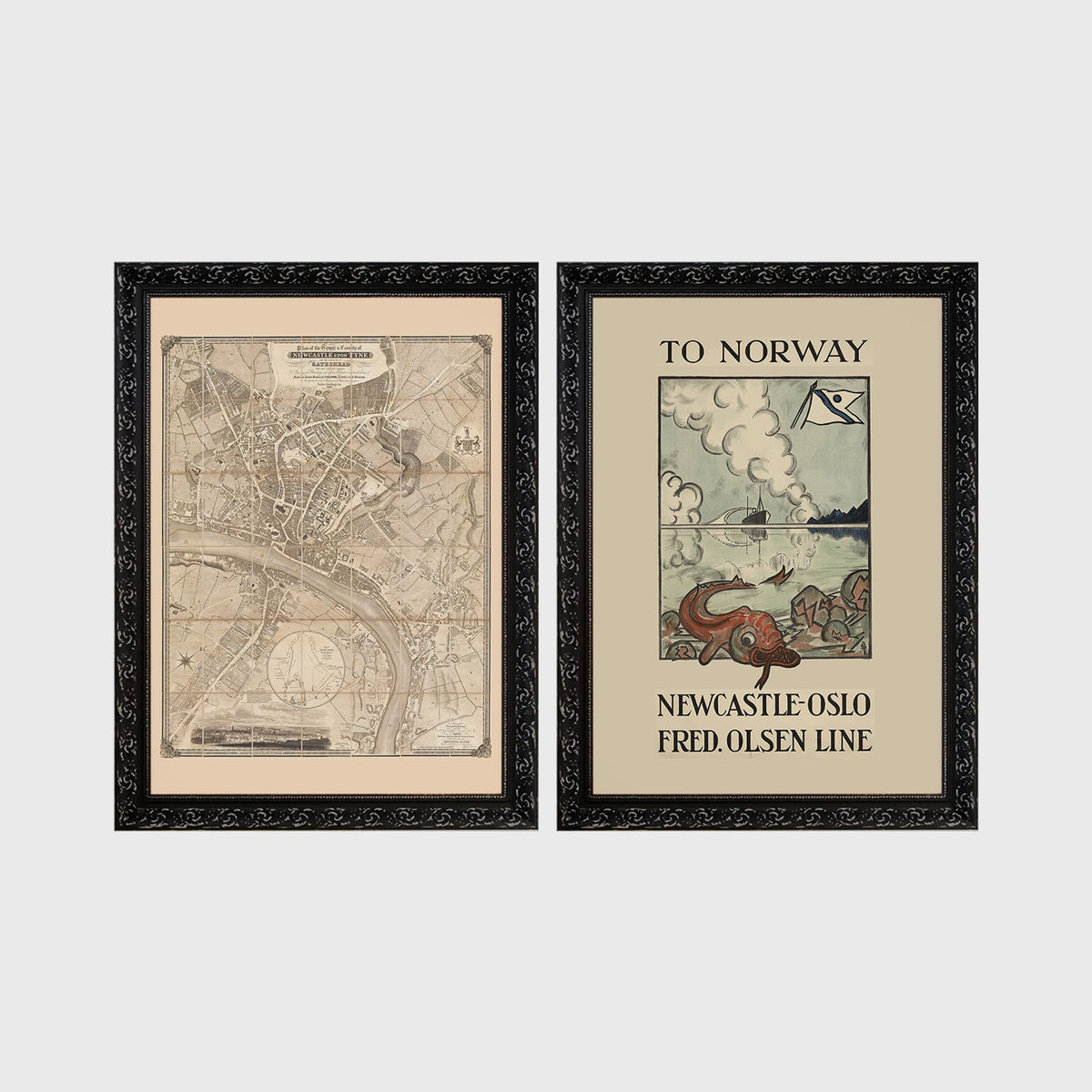 Set of 2 framed prints, vintage map and ferry poster: a vintage map of North East England; and a "To Norway - Newcastle Oslo, Fred. Olsen Line" vintage ferry poster — unframed