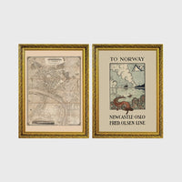 Set of 2 framed prints, vintage map and ferry poster: a vintage map of North East England; and a "To Norway - Newcastle Oslo, Fred. Olsen Line" vintage ferry poster — unframed