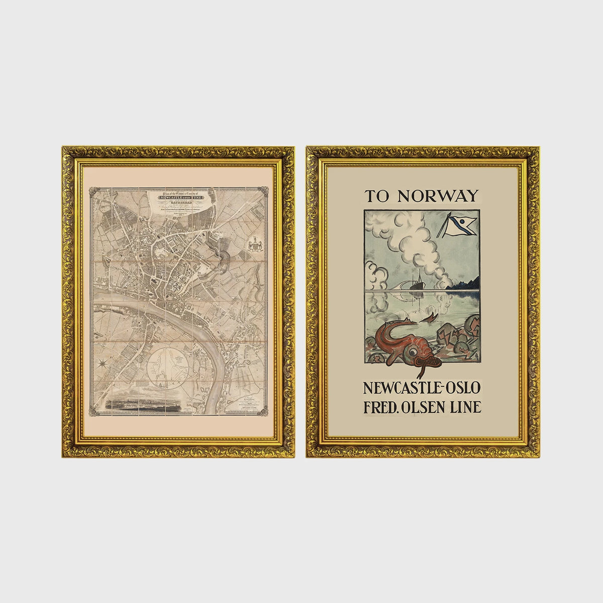 Set of 2 framed prints, vintage map and ferry poster: a vintage map of North East England; and a "To Norway - Newcastle Oslo, Fred. Olsen Line" vintage ferry poster — unframed