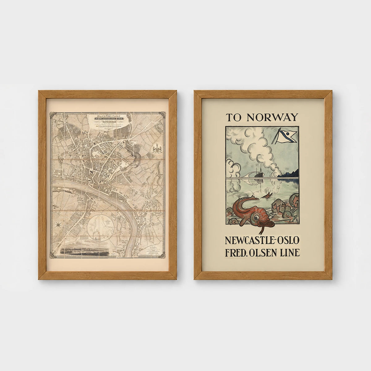 Set of 2 framed prints, vintage map and ferry poster: a vintage map of North East England; and a "To Norway - Newcastle Oslo, Fred. Olsen Line" vintage ferry poster — unframed