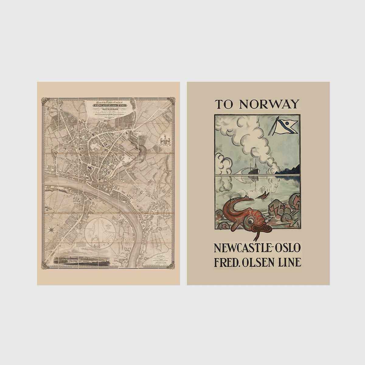 Set of 2 framed prints, vintage map and ferry poster: a vintage map of North East England; and a "To Norway - Newcastle Oslo, Fred. Olsen Line" vintage ferry poster — unframed