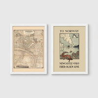Set of 2 framed prints, vintage map and ferry poster: a vintage map of North East England; and a "To Norway - Newcastle Oslo, Fred. Olsen Line" vintage ferry poster — unframed