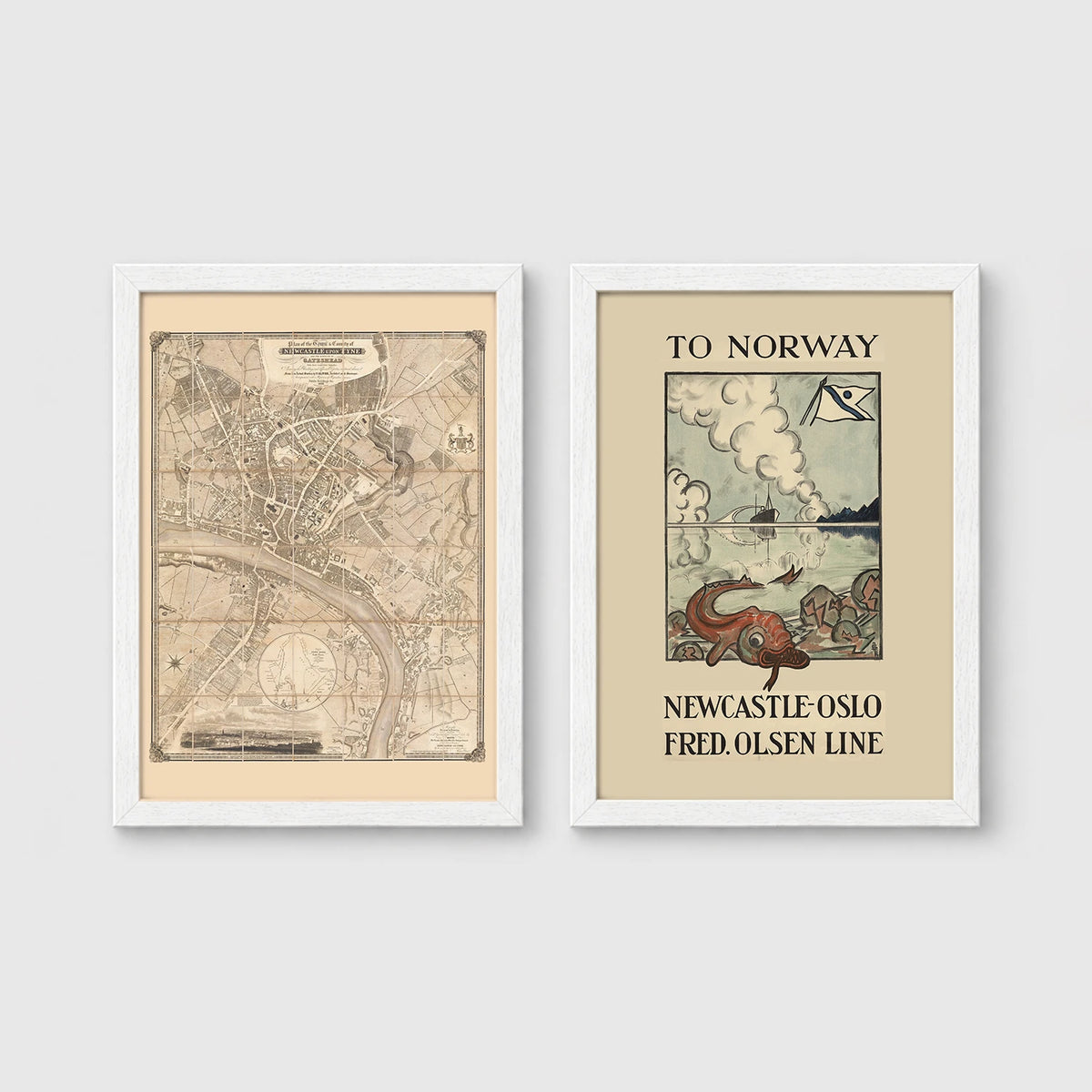 Set of 2 framed prints, vintage map and ferry poster: a vintage map of North East England; and a "To Norway - Newcastle Oslo, Fred. Olsen Line" vintage ferry poster — unframed