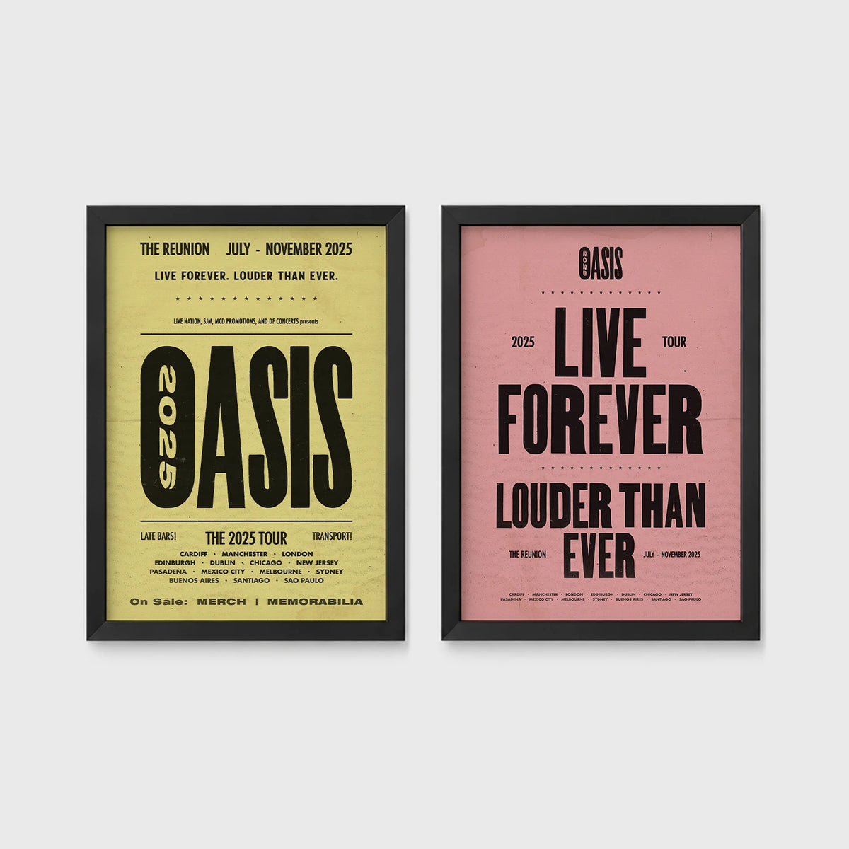 Set of 2 framed prints, vintage-style Oasis tour posters: an "Oasis - The Reunion 2025 Tour" concert poster; and an "Oasis - Live Forever, Louder Than Ever" typographic poster — unframed