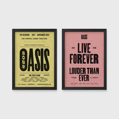 Set of 2 framed prints, vintage-style Oasis tour posters: an "Oasis - The Reunion 2025 Tour" concert poster; and an "Oasis - Live Forever, Louder Than Ever" typographic poster — unframed