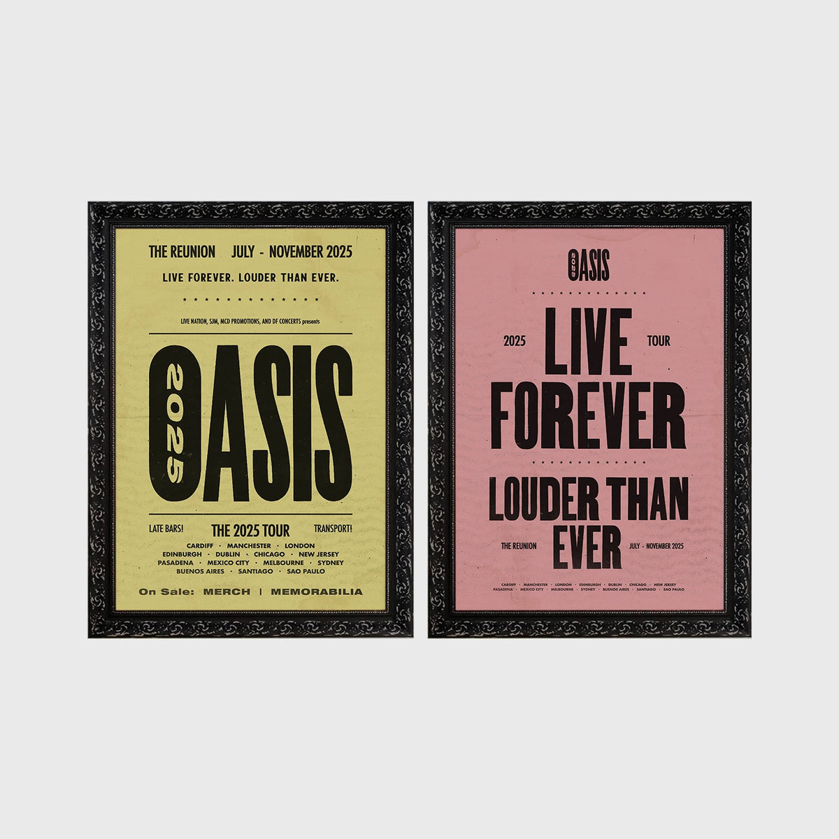 Set of 2 framed prints, vintage-style Oasis tour posters: an "Oasis - The Reunion 2025 Tour" concert poster; and an "Oasis - Live Forever, Louder Than Ever" typographic poster — unframed