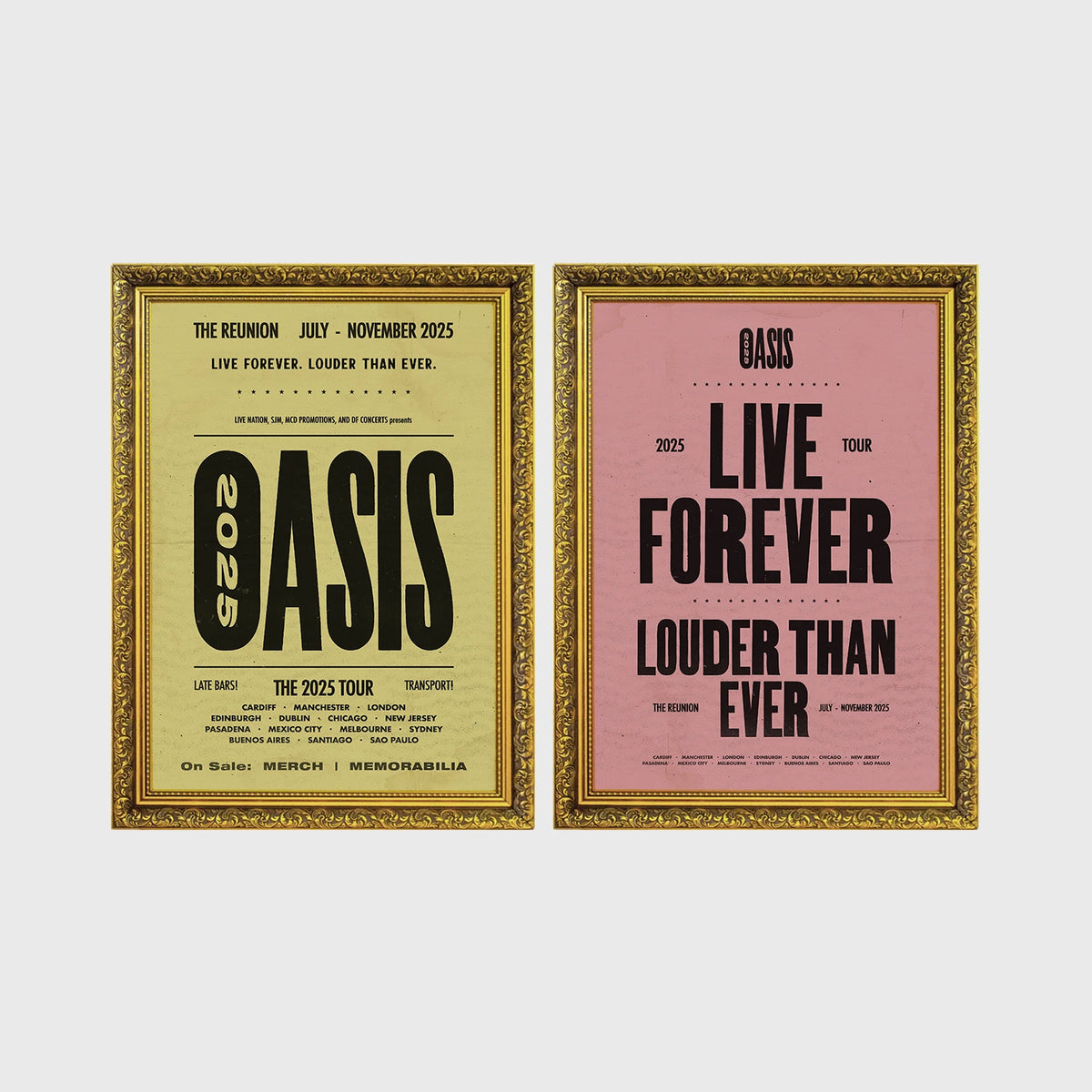 Set of 2 framed prints, vintage-style Oasis tour posters: an "Oasis - The Reunion 2025 Tour" concert poster; and an "Oasis - Live Forever, Louder Than Ever" typographic poster — unframed