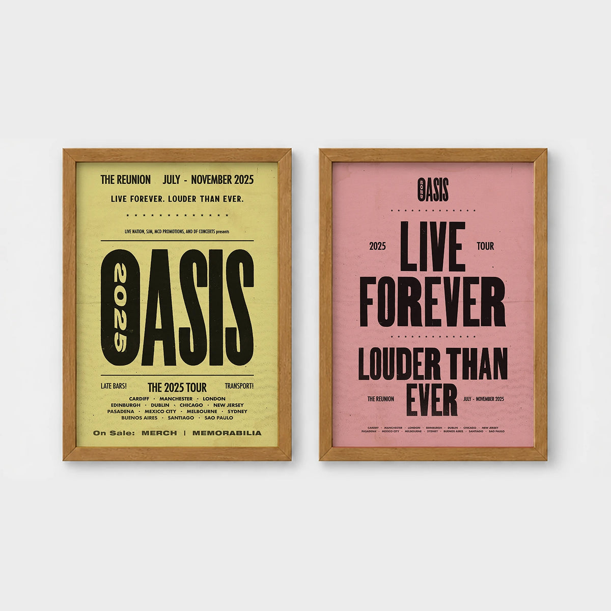 Set of 2 framed prints, vintage-style Oasis tour posters: an "Oasis - The Reunion 2025 Tour" concert poster; and an "Oasis - Live Forever, Louder Than Ever" typographic poster — unframed