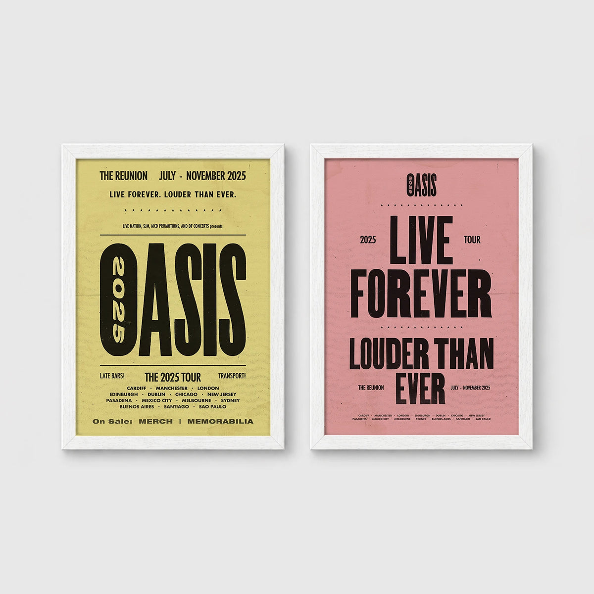 Set of 2 framed prints, vintage-style Oasis tour posters: an "Oasis - The Reunion 2025 Tour" concert poster; and an "Oasis - Live Forever, Louder Than Ever" typographic poster — unframed