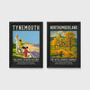Set of 2 framed prints, vintage North East England travel posters: a "Tynemouth - For Happy Seaside Outings" vintage travel poster; and a "Northumberland - For Joyful Country Rambles" vintage travel poster — unframed