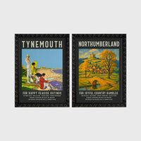 Set of 2 framed prints, vintage North East England travel posters: a "Tynemouth - For Happy Seaside Outings" vintage travel poster; and a "Northumberland - For Joyful Country Rambles" vintage travel poster — unframed