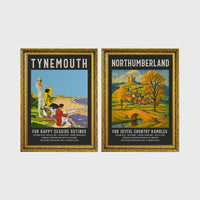 Set of 2 framed prints, vintage North East England travel posters: a "Tynemouth - For Happy Seaside Outings" vintage travel poster; and a "Northumberland - For Joyful Country Rambles" vintage travel poster — unframed