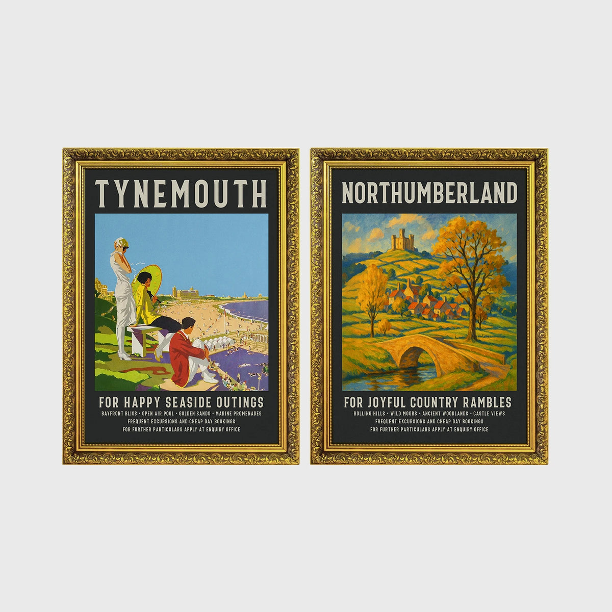 Set of 2 framed prints, vintage North East England travel posters: a "Tynemouth - For Happy Seaside Outings" vintage travel poster; and a "Northumberland - For Joyful Country Rambles" vintage travel poster — unframed
