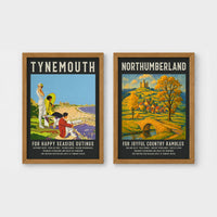 Set of 2 framed prints, vintage North East England travel posters: a "Tynemouth - For Happy Seaside Outings" vintage travel poster; and a "Northumberland - For Joyful Country Rambles" vintage travel poster — unframed