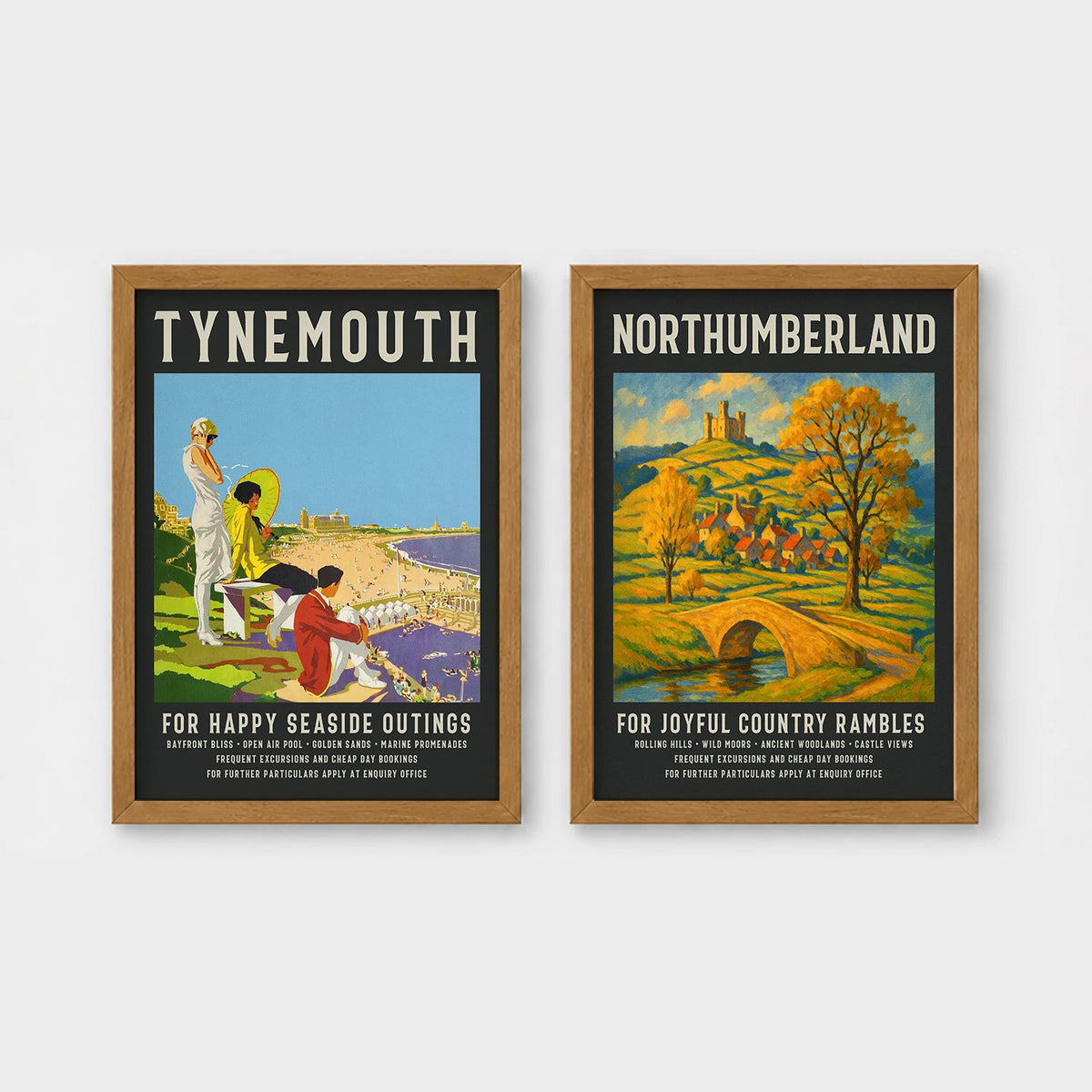 Set of 2 framed prints, vintage North East England travel posters: a "Tynemouth - For Happy Seaside Outings" vintage travel poster; and a "Northumberland - For Joyful Country Rambles" vintage travel poster — unframed
