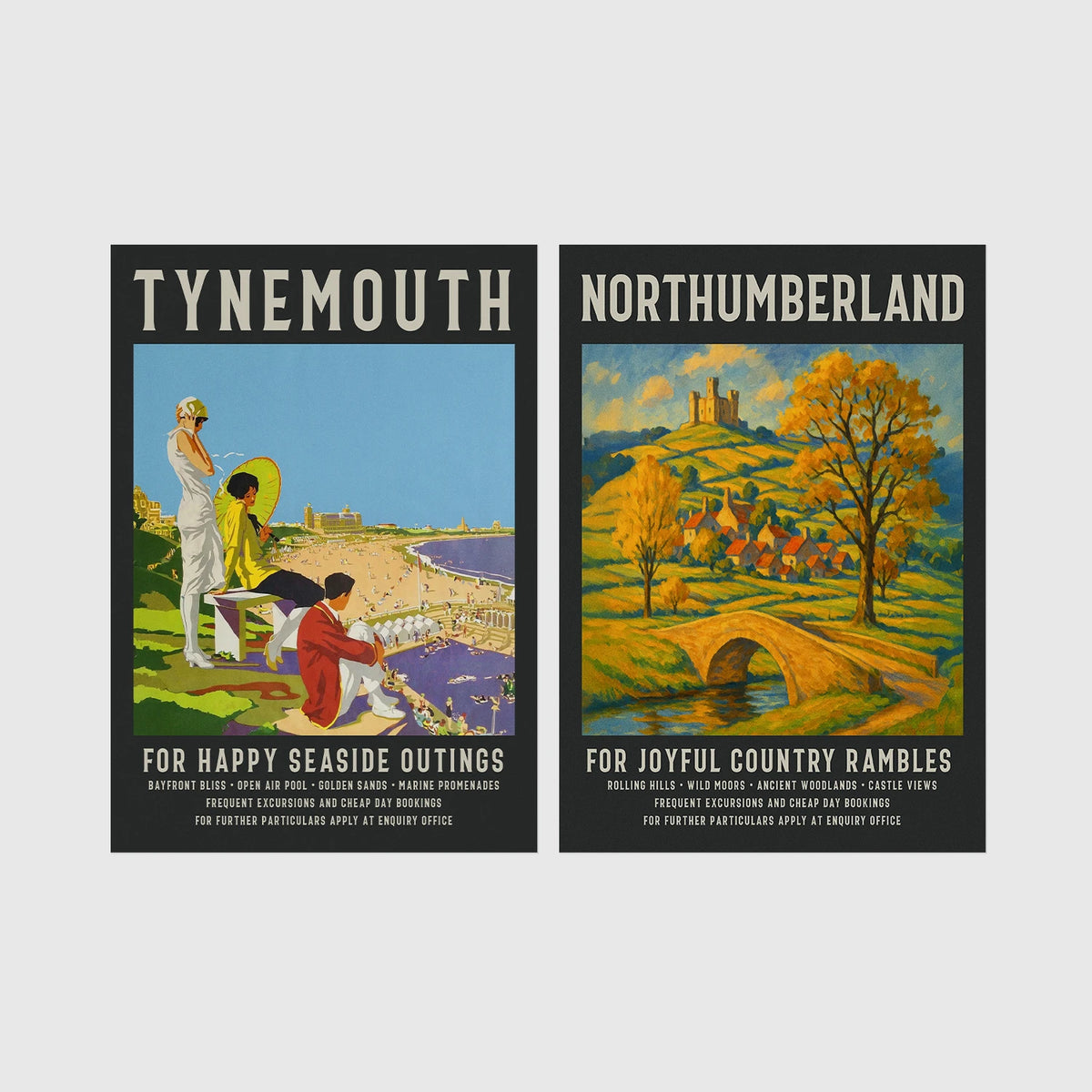 Set of 2 framed prints, vintage North East England travel posters: a "Tynemouth - For Happy Seaside Outings" vintage travel poster; and a "Northumberland - For Joyful Country Rambles" vintage travel poster — unframed
