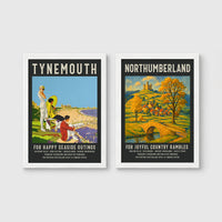 Set of 2 framed prints, vintage North East England travel posters: a "Tynemouth - For Happy Seaside Outings" vintage travel poster; and a "Northumberland - For Joyful Country Rambles" vintage travel poster — unframed