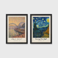 Set of 2 framed prints, Newcastle-themed reimagined masterpieces: a Monet-style impressionist painting of the Tyne Bridge, signed "Claude Monet"; and a Van Gogh Starry Night-style painting over the Newcastle skyline, signed "Vincent Van Gogh" — unframed